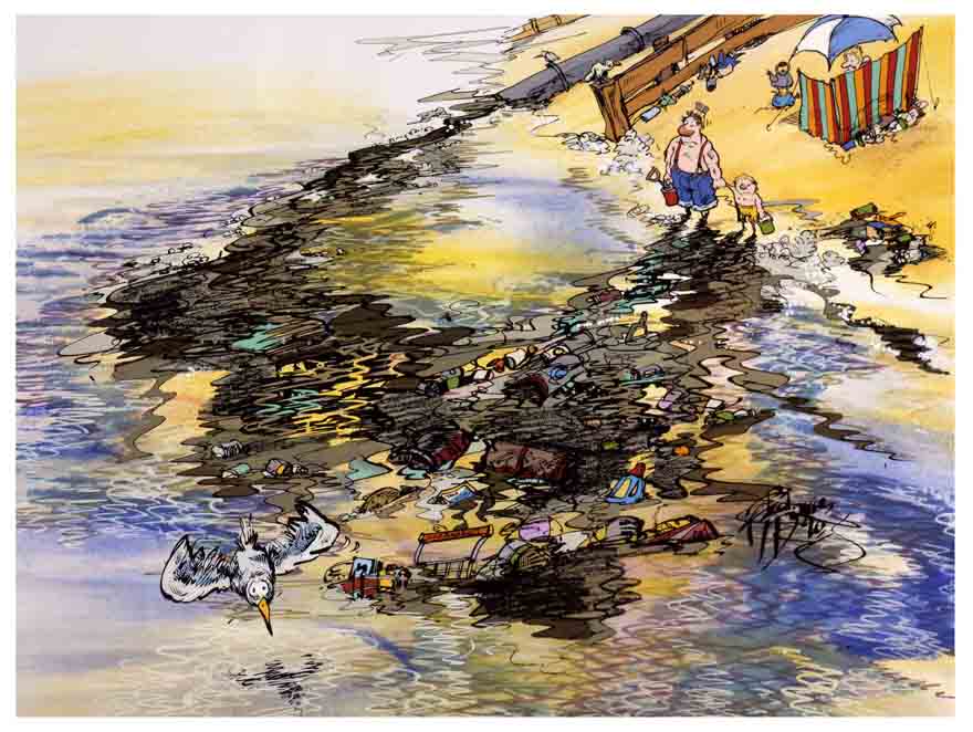 Family on holiday with kids and polluted sea