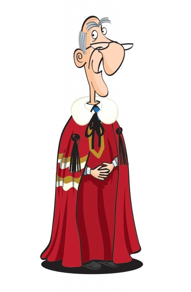 Old lord in ermine robes.