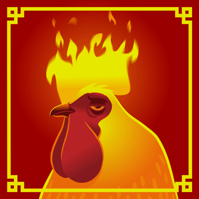 Animated graphic illustration of a rooster with a flaming comb. Done for the chinese year of the rooster. Animated giff