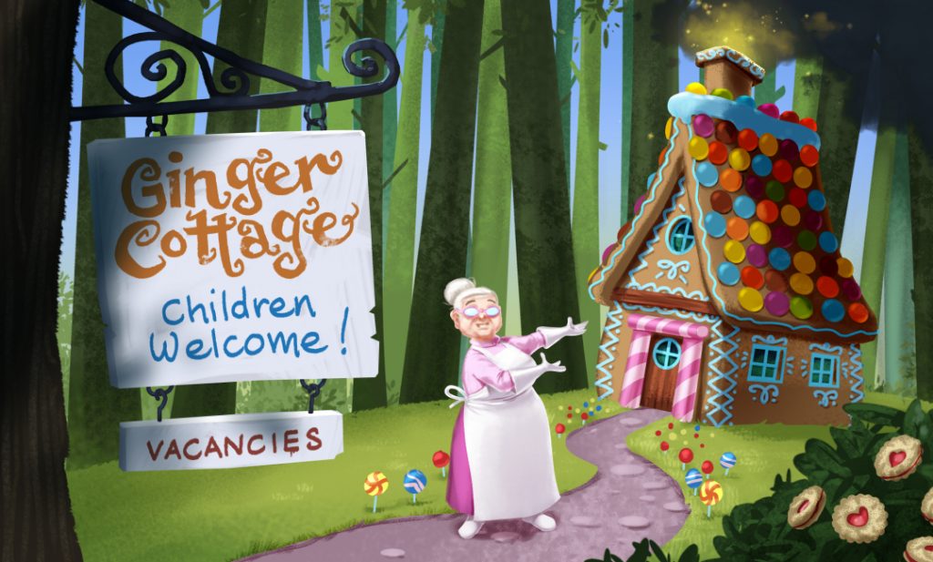 illustration of a sinister old lady gesturing to a gingerbread cottage.