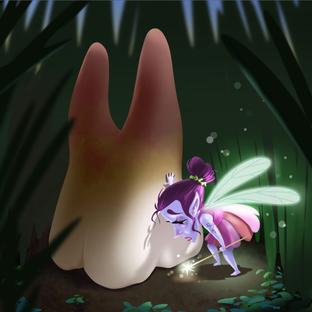 Illustration of a tiny exhausted fairy leaning on a huge tooth